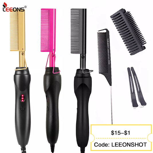 Leeons Black Hot Comb Hair Straightener Flat Iron Electric Hot Heating Comb Wet And Dry Hair Curler Straight Styler Curling Iron